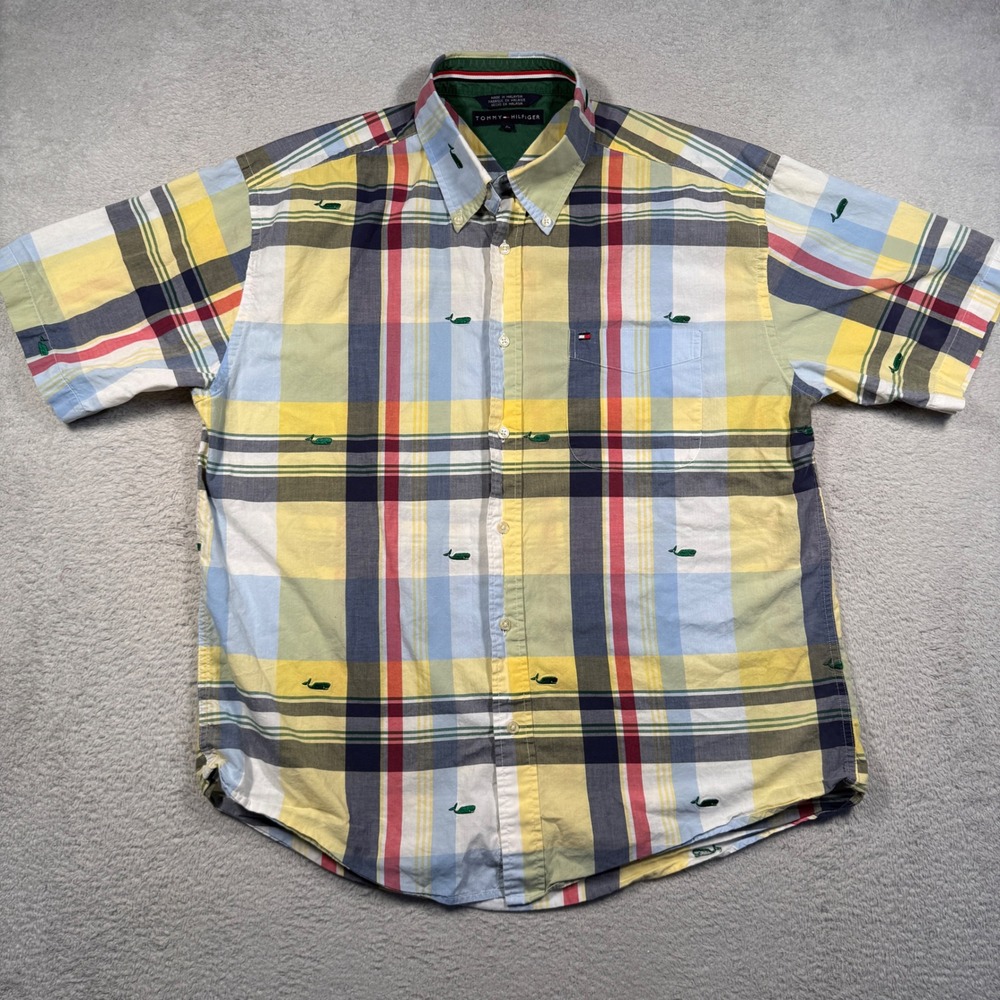 Tommy Hilfiger Shirt Mens‎ Large Multi Color Plaid Whale Embroidered Y2K Vintage